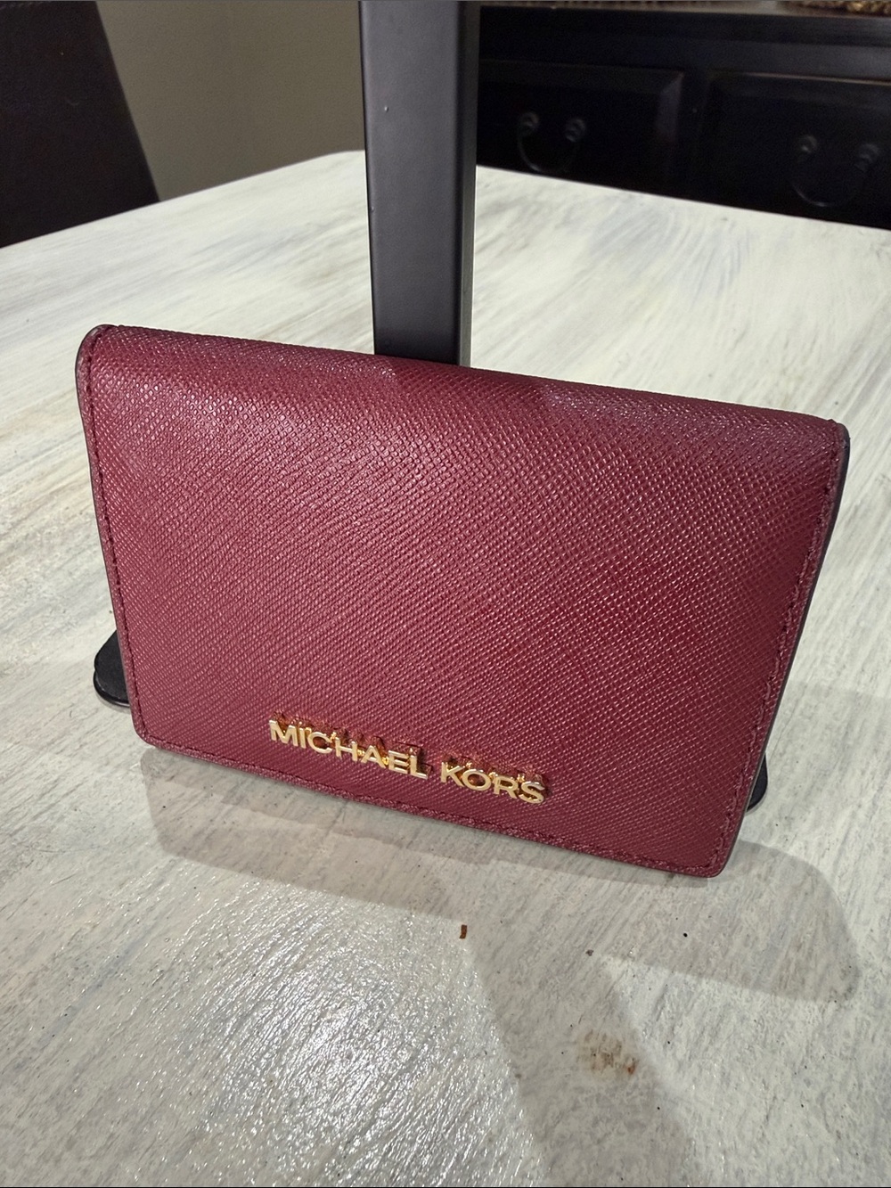 Michael Kors Burgundy Saffiano Leather Card Case with Gold Logo